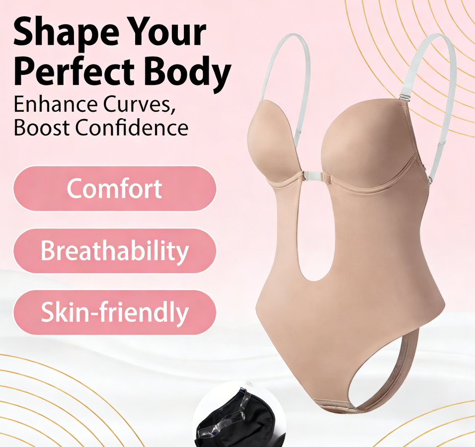 Backless Deep V Neck Shapewear Bodysuit U Plunge Clear Strap Padded Body Shaper