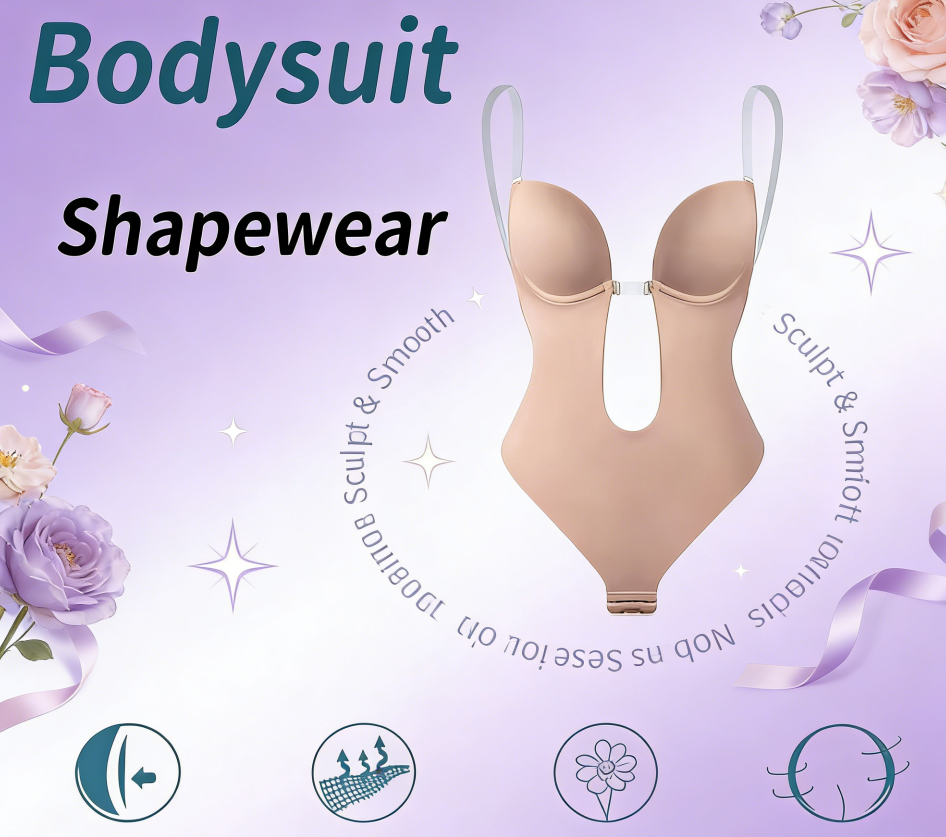 Backless Deep V Neck Shapewear Bodysuit U Plunge Clear Strap Padded Body Shaper